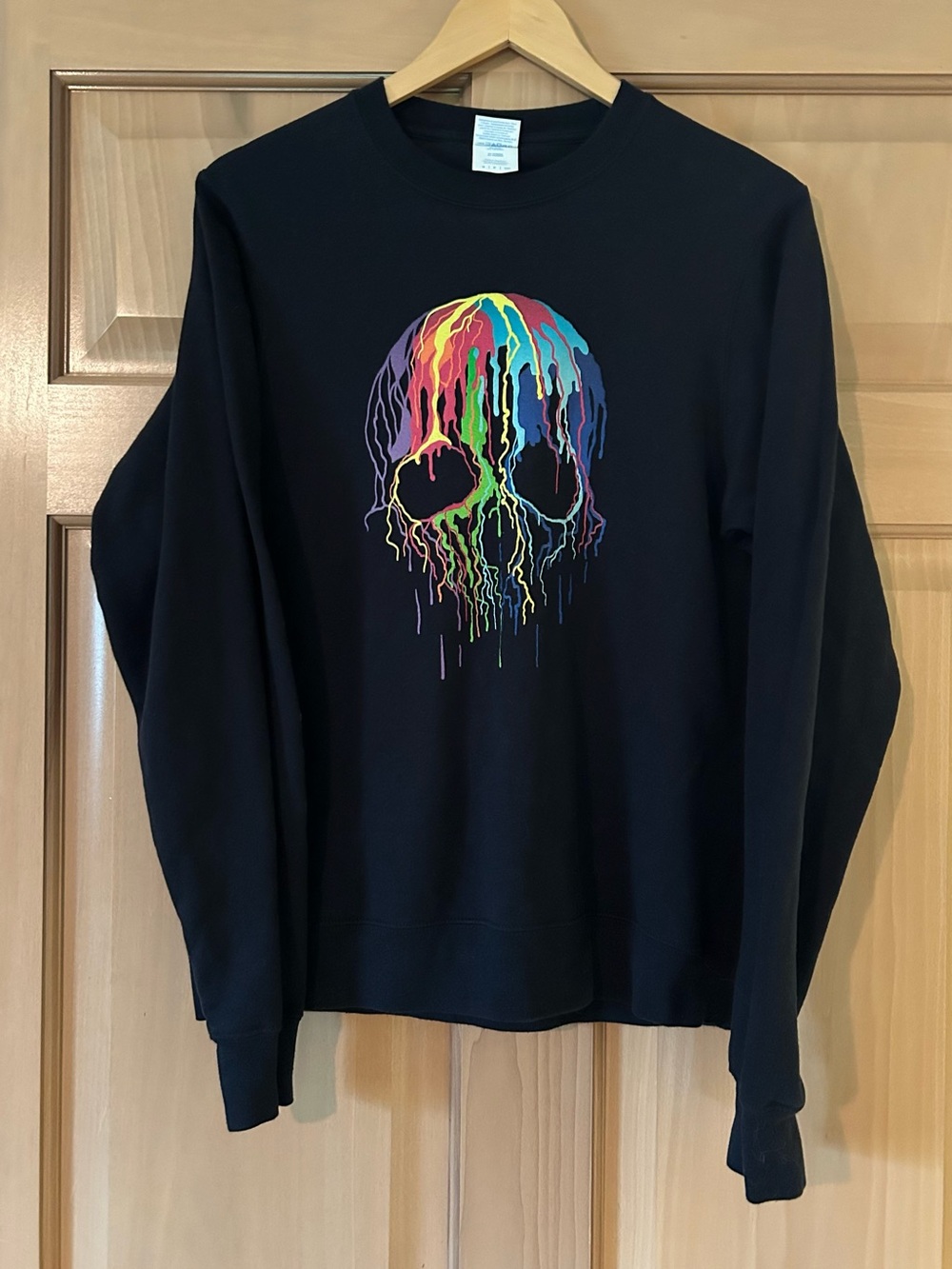 Melting Skull Rainbow/Black Port & Company Crewneck Sweatshirt Rave Skater Sz S